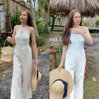 Jumpsuit จั้มสูทสายคล้องคอ ผ้าซาร่า มียางสม็อคหลัง ขากระบอกทรงสวย