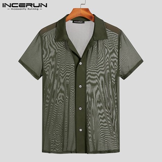 Incerun เสื้อเชิ้ตซีทรู แขนสั้น คอปก ติดกระดุม สําหรับผู้ชาย