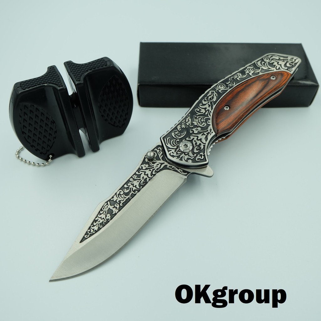 OKgroup NB006-BLACK and BROWN + AC001-BLACK มีดพับ มีดพกพา มีดเดินป่า ยาว8.5นิ้ว แกะลายนูนสูง(ฟรี ที่ลับมีด 2 หัว)