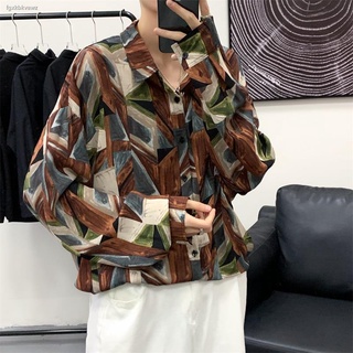 🌼🌼เสื้อเล่นสงกรานต์ เสื้อฮาวายไซส์ใหญ่ ▦▦✱เสื้อฮาวาย เสื้อเชิ้ตแขนยาวลายดอกไม้สไตล์ฮ่องกงย้อนยุคของผู้ชายสไตล์เกาหลีขอ