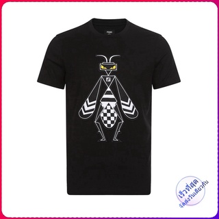 Fendi/Fendi เสื้อยืดลําลองสําหรับผู้ชายสีดําแขนสั้นคอกลมลาย New Insect หรูหรามีระบายอากาศ