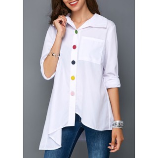 เสื้อเชิ้ตขาว กระดุมหลากสี เนื้อผ้าใยสังเคราะห์ โพลีเอสเทอร์  บางเบา  นิ่ม ไม่ต้องรีด