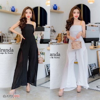 🧥 H4373 Jumpsuit จั้มสูทขายาว ดีเทล กางเกงตัดต่อผ้าอัดพลีท ด้านข้าง ช่วงไหล่สายแต่งสายโซ่ทอง กางเกงทรงขาบาน