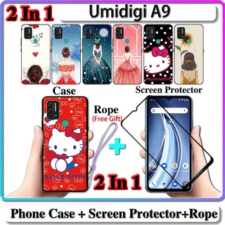 2 IN 1 เคส Umidigi A9 พร้อมกระจกนิรภัยกันรอยหน้าจอโค้ง เซรามิค สําหรับเด็กผู้หญิง และคิตตี้