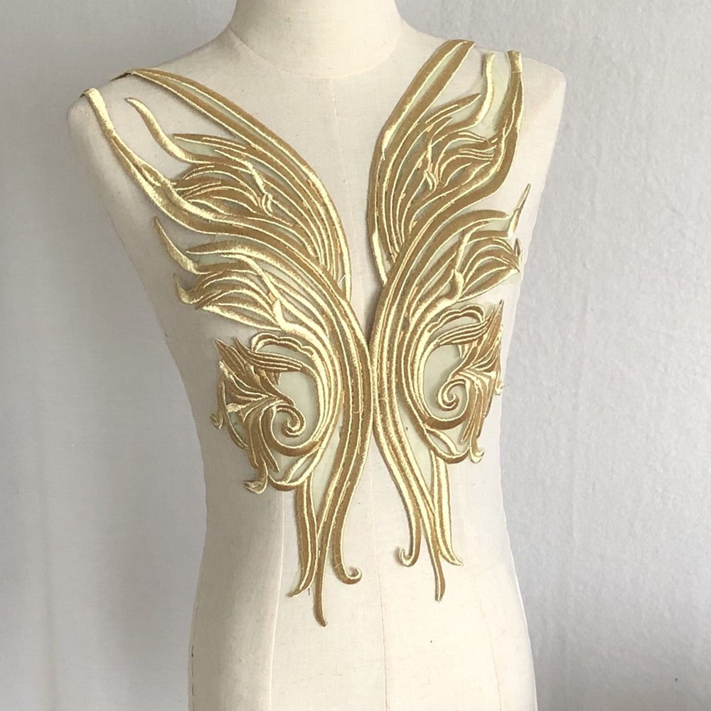 แผ่นผ้าลูกไม้ ลายดอกไม้ สีทอง สําหรับตกแต่ง DIY 1 คู่