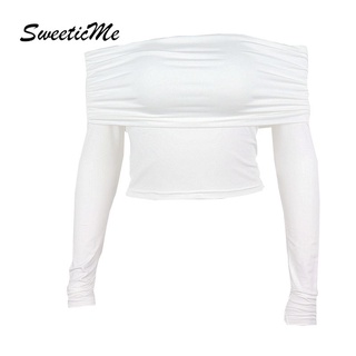 Sweeticme ใหม่เสื้อยืดลําลองสําหรับสตรีแขนยาวเปิดไหล่สีพื้นทรงสลิม