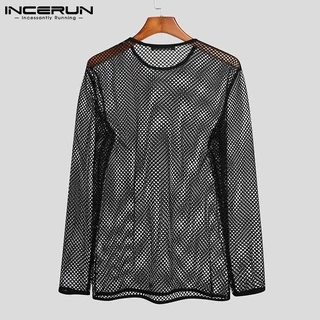 Incerun แฟชั่นเสื้อท็อปแขนยาวสลิมฟิตผ้าตาข่ายซีทรูสําหรับผู้ชาย