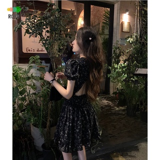 NINI · [new autumn] waist V-neck black floral dress summer sexy backless black skirt womens bubble sleeve lace skirt