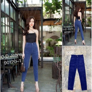 G.D.Jeans รุ่น 90120-1#กางเกงขายาวผ้าลูกฟูกตัวใหม่ยืดได้เอวสูงทรงกระบอกเล็กสีน้ำเงินเข้มทรงเรียบ