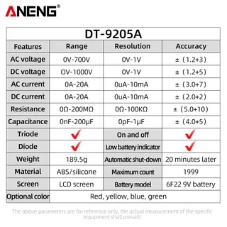 ANENG One Set DT9205A มัลติมิเตอร์แบบดิจิตอล, ช่วงอัตโนมัติพร้อมความต้านทานกระแสไฟ AC/DC Capacitance และการทดสอบทรานซิสเตอร์พร้อมฟังก์ชั่น NCV