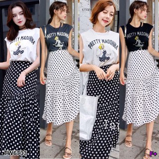 (6733) Set 2 ชิ้น เสื้อแขนกุดคอกลม กระโปรงลายจุด