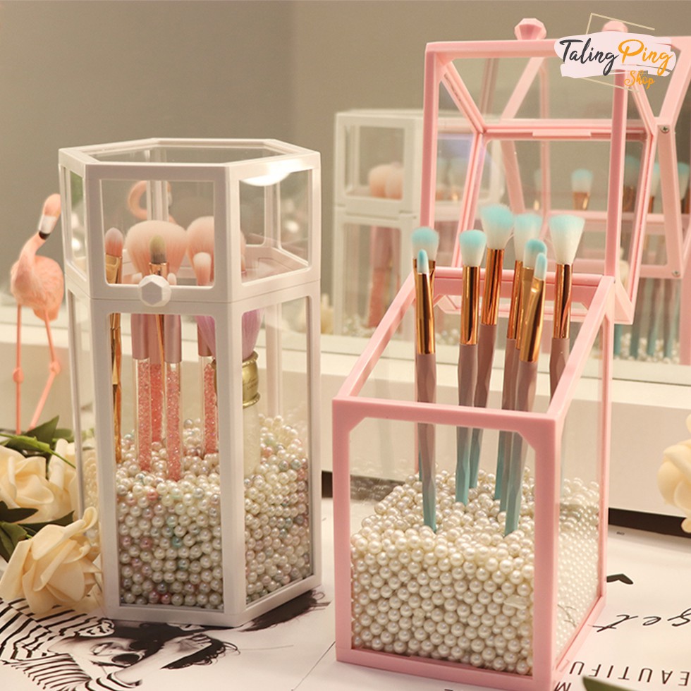 [JZ08] กล่องเก็บแปรงแต่งหน้าแบบมีฝาปิด พร้อมไข่มุก ป้องกันฝุ่นละออง แข็งแรงทนทาน ทนต่อการใช้งาน