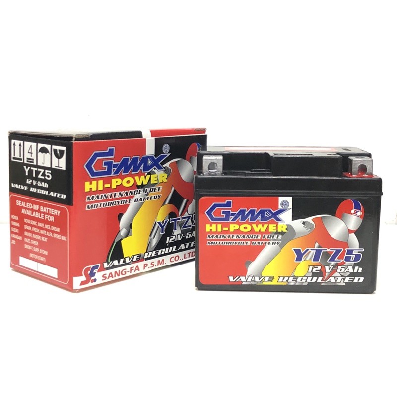 Battery แบตเตอรี่ มอเตอร์ไซต์ 12v 5Ah ยี่ห้อ G-MAX รุ่น YTZ5