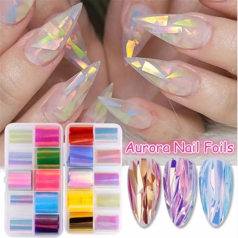 [10สี/15สี] ยาว 1 เมตร ฟอยแก้วออโรล่า แบบตัดแปะ ใช้ฝังลายในเล็บ Aurora Broken Glass Nail Foils