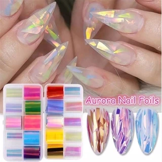 [10สี/15สี] ยาว 1 เมตร ฟอยแก้วออโรล่า แบบตัดแปะ ใช้ฝังลายในเล็บ Aurora Broken Glass Nail Foils