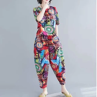 ชุดเซตผู้หญิง สองชิ้น เสื้อเเขนสั้น+างเกง9ส่วน พิมลาย ผ้านิ่มใส่สบาย128