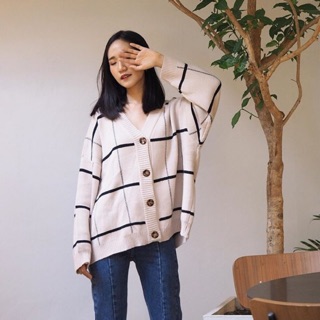 คาดิเเกน Plaid oversized cardigan BEIGE/BLACK