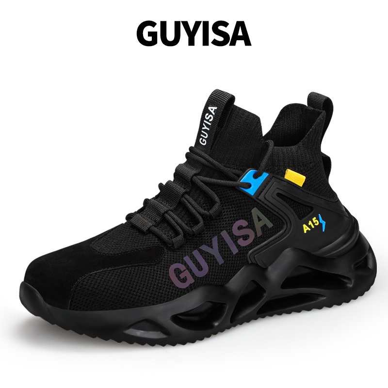 Guyisa Men Safety Shoes Steel Toe Cap Anti-smashing Anti-piercing Breathable น้ําหนักเบาสีดําขนาด 36