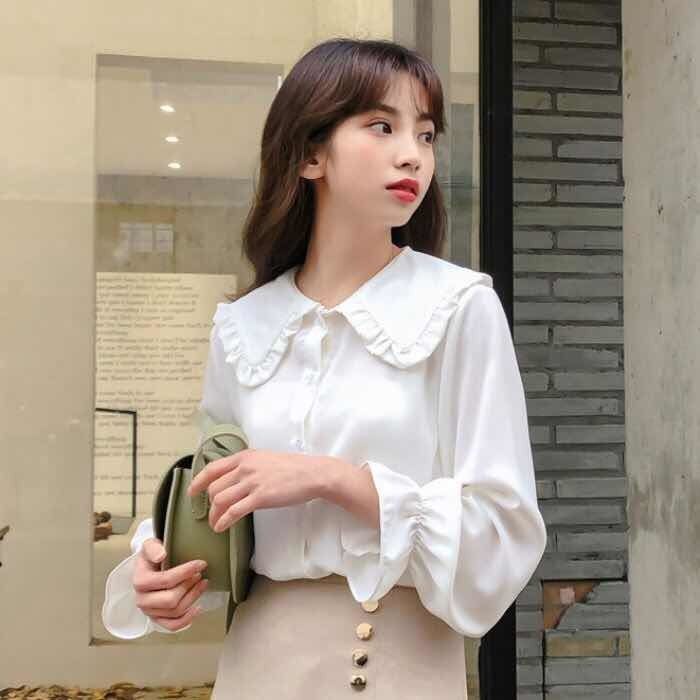 เสื้อเชิ้ตสีขาวสไตล์เกาหลี แขนยาวคอปกตุ๊กตา ใหม่ เสื้อ ผู้หญิง
