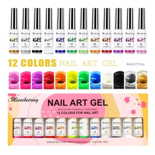 (( สีเจลลากเส้น Misscheering 12สี )) สีเจล แบบพู่กันเส้นเล็ก ใช้เพ้นท์เล็บ ลายเส้น