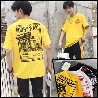 T-Shirt เสื้อยืดOversize แขนสั้นคลุมศอก สไตล์เกาหลีสุดฮิปสกีนลาย Men Short Sleeve (สีเหลือง สีขา