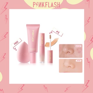 Pinkflash ชุดรองพื้น คอนซีลเลอร์ เนื้อแมตต์ ปกปิดเต็มรูปแบบ และฟองน้ํานุ่ม สําหรับแต่งหน้า 3 ชิ้น