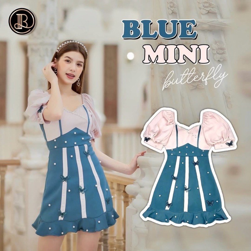 Blue mini minidress : มินิเดรส บลูมินิ ไซส์ M เดรสสั้น BLT มินิเดรสสีเขียวอมฟ้า ชตัดด้วยสีชมพูอ่อน แขนตุ๊กตา ตกแต่งผีเสื