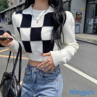 Wittygirls_shop รองเท้ากีฬาแฟชั่น| เสื้อกันหนาวคอกลมแขนยาวพิมพ์ลายสก๊อตบล็อกสีสําหรับผู้หญิง