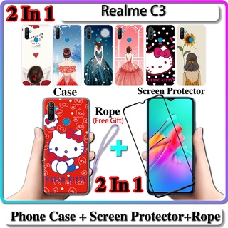 2 IN 1 เคส Realme C3 พร้อมกระจกนิรภัยโค้ง ป้องกันหน้าจอเซรามิค สําหรับเด็กผู้หญิงและคิตตี้