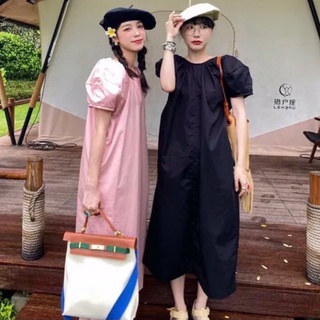 Maxi dress เดรสสีพื้น ทรงใหญ่oversize แขนตุ๊กตาพอง มีกระเป๋า2ข้าง  เดรสแขนตุ๊กตา เดรสกระโปรง เดรสน่ารัก งานป้าย