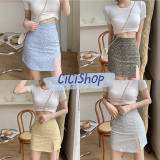 Cicishop(Q2151)กระโปรงทรงเอลายดอกไม้ แหวกข้าง สไตล์เกาหลีน่ารักสุดๆ