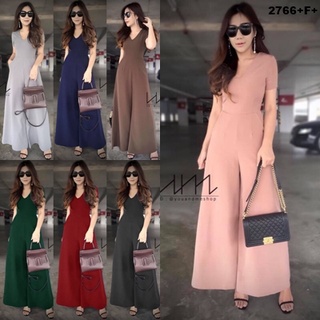 2766 Jumpsuit จั๊มสูท ขาบานทรงA แขนสั้น คอวี