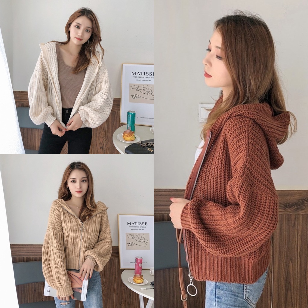 ราคาถูกที่สุด เสื้อไหมพรมกันหนาว ทรงสั้น มีฮู๊ดมีซิปหน้า 4 สี แขนจั๊ม