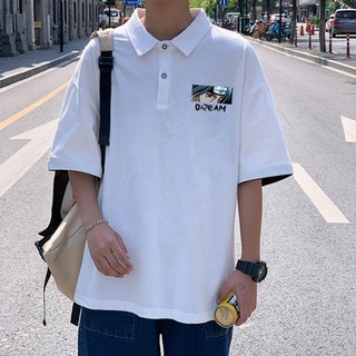 🔥จัดส่งจากประเทศไทย🔥เสื้อยืดแขนสั้นผู้ชายปกเสื้อโปโลผู้ชายแบบใหม่ฤดูร้อน INS เสื้อยืดทรงหลวมแขนครึ่งคอปกแฟชั่น03 PXD3