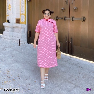 TwinsShopVip💗พร้อมส่ง TW15873 เดรสคอจีน #BigSize แต่งกระดุมจีนลายจุด Chinese collar dress decorated with polka