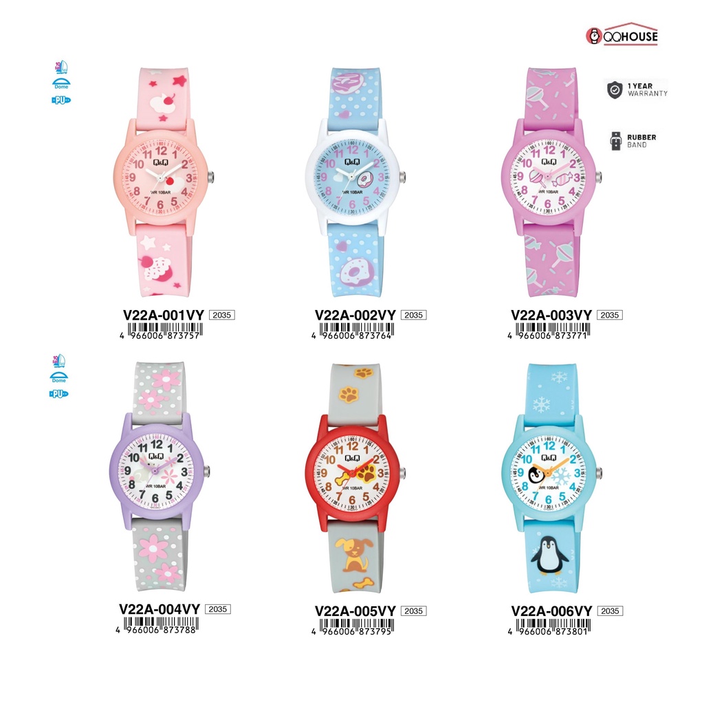 Q&q QNQ QQ ORIGINAL RUBBER BAND KIDS WATCH CHILDRENS WATCH V22 V22A V22A-001VY - 006VY