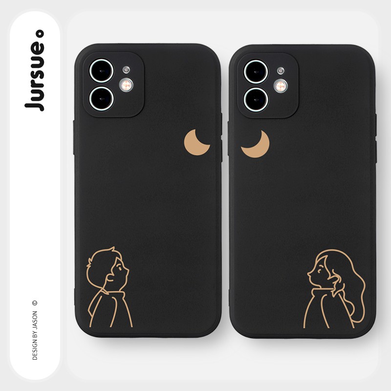 JURSUE เคสคู่ เคสไอโฟน คู่รัก สีดำ ขอบเหลี่ยมกันกระแทกซิลิโคนนุ่มน่ารักตลก เคสโทรศัพท์ Compatible for iPhone 16 15 14 13 12 11 Pro Max SE 2020 X XR XS 8 7 Plus พลัส สีดำ Y1513