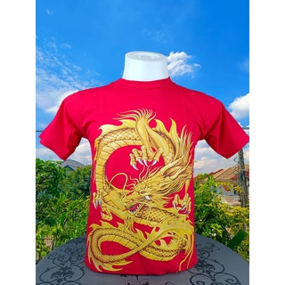 เสื้อยืด ลายไทย คอกลม สีแดง ลายมังกรทอง สำหรับผู้หญิง-ผู้ชาย T012A RED