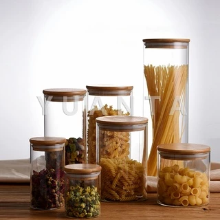 YUANTA โหลแก้วฝาไม้ ฝากันความชื้นเป็นไม้ไผ่ โหลพาสต้า ถังเก็บน้ำในครัว Borosilicate glass