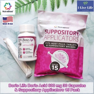 ผลิตภัณฑ์สำหรับช่องคลอด พร้อมไม้ Boric Life Boric Acid 600 mg 30 Capsules &amp; Suppository Applicators 15 Pack - NutraBlast