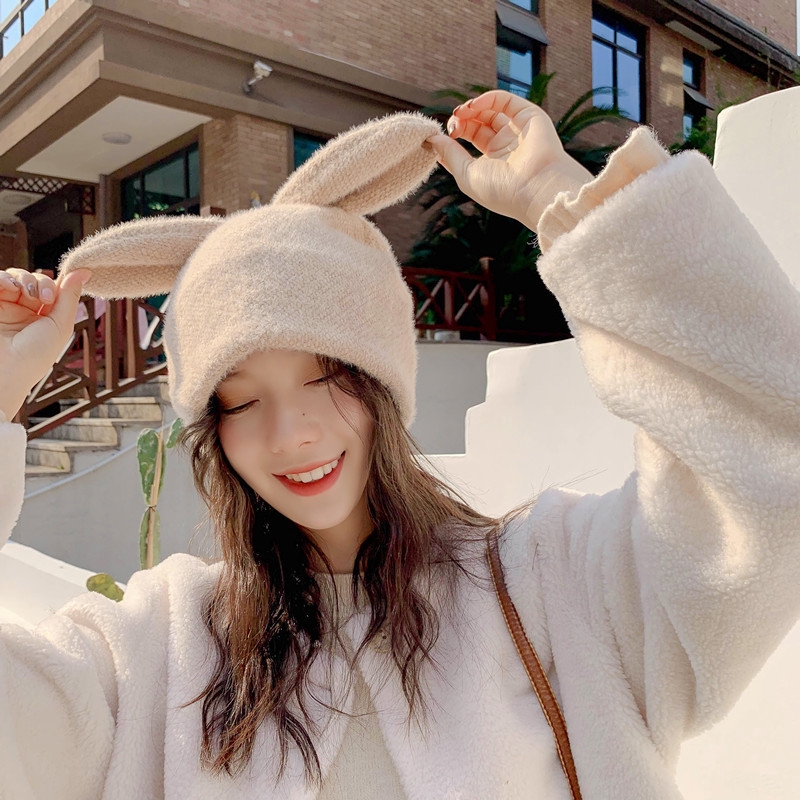 หมวกหญิงฤดูใบไม้ร่วงฤดูหนาวน่ารักเกาหลีรุ่น All-Match กระต่ายหูสีทึบหมวกขนสัตว์ Keeping Warm นักเรียนขนแกะซับ Kn