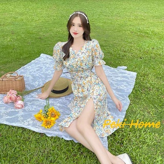Dress ลายดอกไม้พอดีเข่า ชุดเดรสกระโปรงผ่าหน้าเซ็กซี่เบาๆ ชุดเดรสแขนบัพ งานน่ารักเหมือสาวเกาหลี Model.DQ-7956