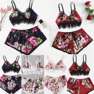 สินค้าพร้อมส่งจากไทย💥Sanay Bra💥 (N601) SETชุดนอนเสื้อสายเดียว+กางเกงขาสั้น ลายดอกแต่งลูกไม้ สวมใส่สบาย