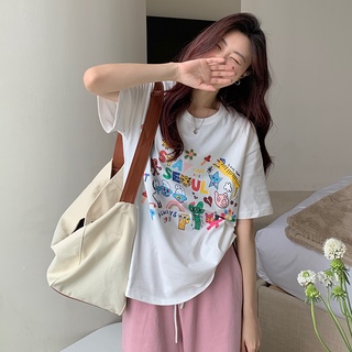 Suxi เสื้อยืดลําลอง คอกลม แขนสั้น พิมพ์ลายการ์ตูน ทรงหลวม เข้ากับทุกการแต่งกาย แบบเรียบง่าย สีขาว แฟชั่นฤดูร้อน สําหรับสตรี