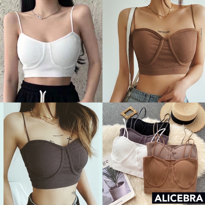 𝗔𝗟𝗜𝗖𝗘𝗕𝗥𝗔 เสื้อครอป บราสายเดี่ยว ผ้า knit สายเดี่ยวครอปมีฟองน้ำ รุ่นสุดฮิต