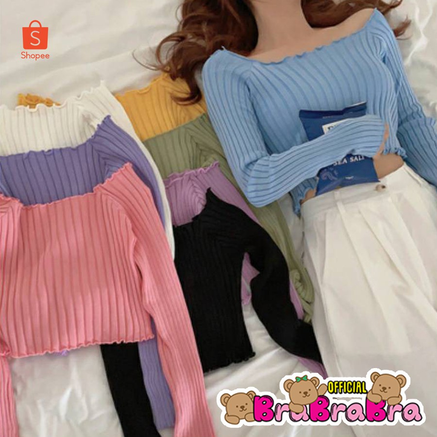 𝑩𝒓𝒂𝑩𝒓𝒂𝑩𝒓𝒂 #f-036 เสื้อไหมพรม แขนยาว ปาดไหล่ ใส่ได้สองแบบ