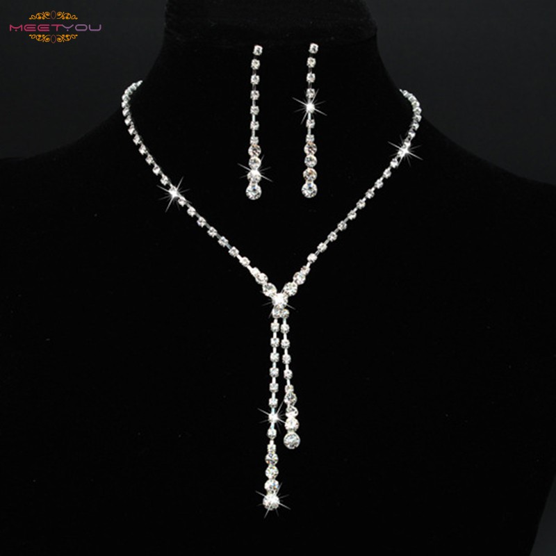 ชุดเครื่องประดับเจ้าสาวสร้อยคอต่างหูคริสตัล Rhinestone