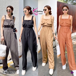 🛖🍍ชุดเที่ยว Jumpsuit จั๊มสูทขายาว สายเดี่ยวเส้นใหญ่ แต่งกระเป๋าช่วงอกสองข้าง เอวสม็อกรอบ