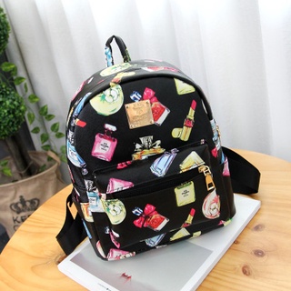 (พร้อมส่งสีดำลายเครื่องสำอางค์)  กระเป๋าเป้สะพายหลัง