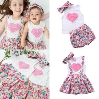 Sister Matching 3PCS Outfit Set, Sleeveless Round Neck Heart Pattern Top, Short Floral Printed Pants/Skirt, Bow Hair Band Set